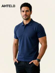 AHTELB 男士夏季Polo衫，短袖冰丝Polo衫，高品质薄款Polo T恤，健身服，男士T恤，男士礼物，男士上衣，钓鱼男士礼物，男士T恤，男装，男士T恤，送给朋友、丈夫、男友的礼物 - 藏蓝色 - 查看 1