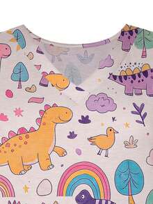 Comfortable Plus Size V-Neck Short Sleeve Nurse Uniform Top With Dinosaur And Rainbow Print - Multicolor - View 4
