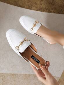 Mengshangli Elegant Plaid Bohemian Flat Mule Slippers, Metallic Accent, Suitable For Office, Party, Spring/Summer - White - View 3