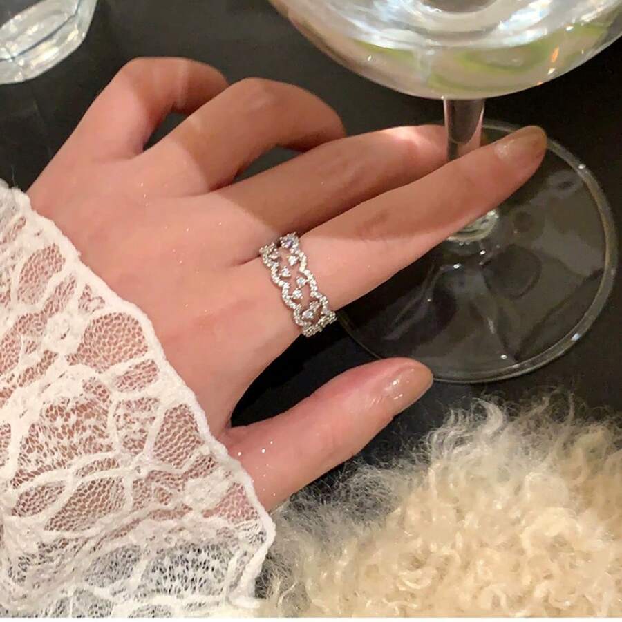 1 đôi nhẫn ren lãng mạn mới về, nhẫn ren đính đá sang trọng, thiết kế xếp chồng cao cấp, nhẫn tinh tế độc đáo dành cho nữ. - Bạc - Xem 1