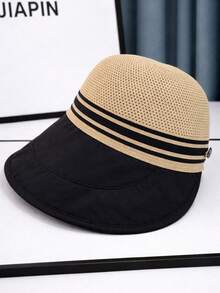 1pc Women's Wide Brim Sun Hat, Ponytail Design, Breathable Woven Striped Bucket Hat, Lightweight Summer Outdoor Sun Protection Hat, Suitable For Travel, Beach, Vacation, Daily Wear In Spring & Summer - Multicolor - View 2