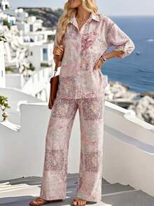 Conjunto de 2 piezas de top holgado casual y pantalones de pierna ancha para mujer, primavera/verano - Colores mixtos - Ver 3