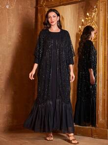 SUPGIR [Random Print] Women's Long Sleeve Reversible Waist Belt Sequin Patchwork Evening Dress - Black - View 1