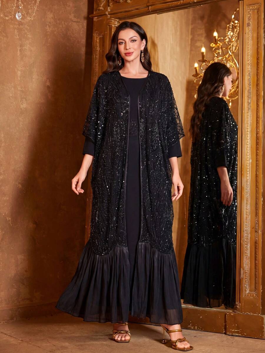 SUPGIR [Random Print] Women's Long Sleeve Reversible Waist Belt Sequin Patchwork Evening Dress - Black - View 1