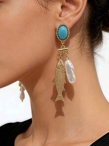 1 par de pendientes de aleación chapada en oro con textura y perla barroca, con vibra de vacaciones en el océano, adecuados para fiestas en la playa, ir al trabajo, joyería elegante - pez dorado - Ver 1