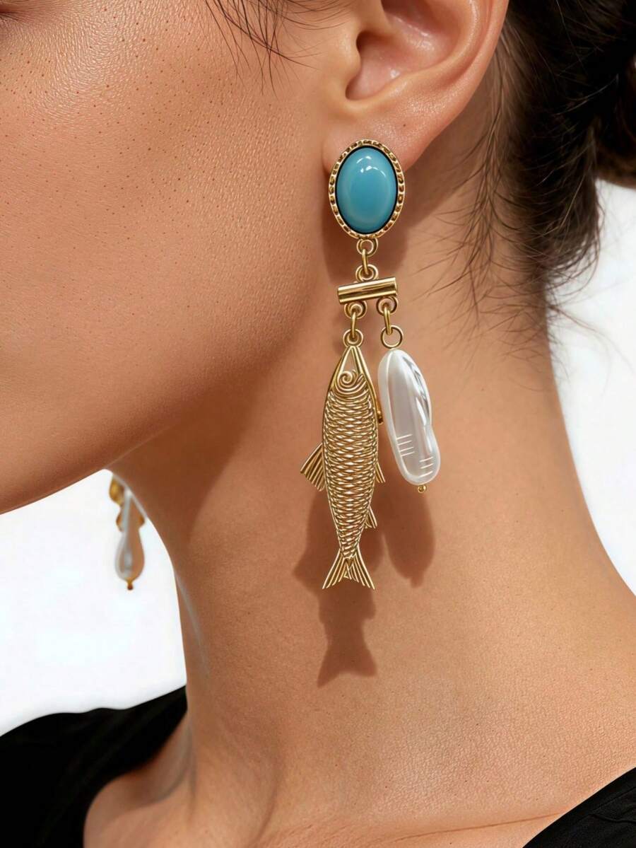 1 par de pendientes de aleación chapada en oro con textura y perla barroca, con vibra de vacaciones en el océano, adecuados para fiestas en la playa, ir al trabajo, joyería elegante - pez dorado - Ver 1