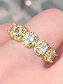 1pc Fashion Square Cubic Zirconia Ring, Suitable As Wedding, Anniversary Gift For Women - Yellow Gold - View 4
