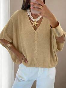 女士新款黄色V领蝙蝠袖纽扣短袖宽松开衫，休闲时尚优雅度假简约休闲沙滩派对节日俱乐部假日生日外出上衣，春夏秋季 - 杏色 - 查看 1