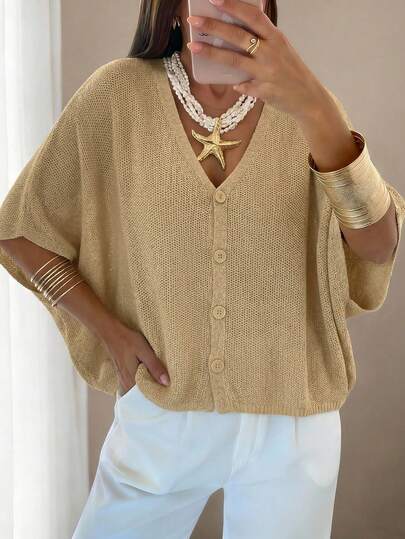 女士新款黄色V领蝙蝠袖纽扣短袖宽松开衫，休闲时尚优雅度假简约休闲沙滩派对节日俱乐部假日生日外出上衣，春夏秋季