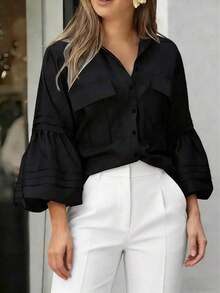 Camisa de mujer de unicolor, elegante y casual con mangas de campana - Nueva colección de primavera/otoño - Negro - Ver 5