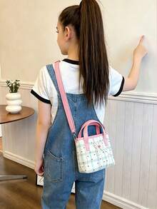 1pc Sweet Girl Pink Plaid Square Bag, Zipper Closure Versatile Handbag, Lightweight Crossbody Two-Way Small Bag, Suitable For Daily Use - New - View 7