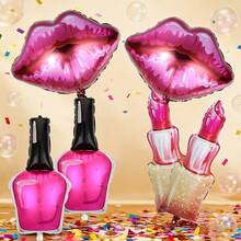 Set de 6 globos de papel de aluminio con forma de lápiz labial, brillo de labios y esmalte de uñas, globos de decoración para fiesta de cumpleaños con temática de maquillaje - Globo labial - Ver 4