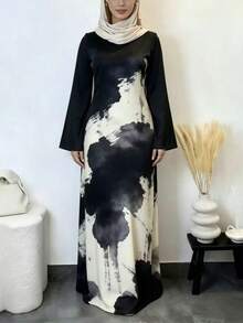 女士优雅飘逸阿拉伯长袍，渐变印花，喇叭袖，圆领针织长款卡夫坦长袍，度假黑色春季款 - 黑色 - 查看 3