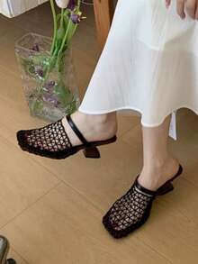 Unique Design Fishnet Wedge Mule Sandals, Women's Summer Closed Toe Hollow Woven High Heel Slip-On Slippers - Black - View 4