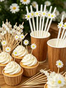 Palillos desechables de bambú con flores de margarita y pajitas de papel con flores de margarita, adecuados para fiestas de cumpleaños infantiles, bodas, baby showers, decoración de fiestas de revelación de género - Multicolor - Ver 7