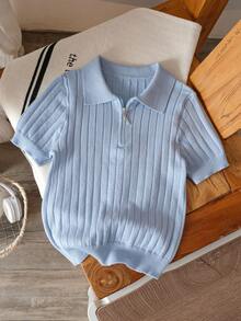 Boys' Solid Color Cable Knit Short Sleeve Half Zip Lightweight Sweater, Suitable For School, Daily Wear In Spring, Summer And Autumn - Blue - View 2