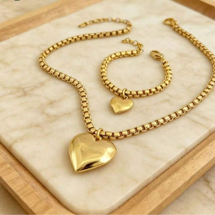 Women's Gold Heart Necklace And Bracelet Set - Luxury Jewelry 18k Gold Plated - 金色 - 查看 1