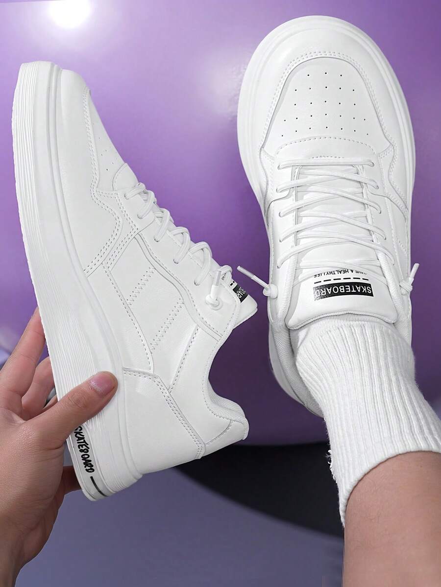 Men's White Fashion Low-Top Sneakers, Minimalist Leather Design With Contrast Stitching And Text-Imprinted EVA Platform - 白色 - 查看 1