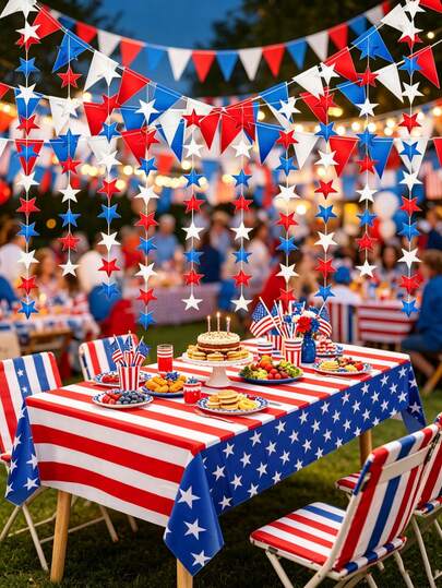 1 Set Independence Day Party Decoration Set, Tablecloth, Pull Flag, Star Hanging Decor, Independence Day Costume Props, Party Atmosphere Decoration Set