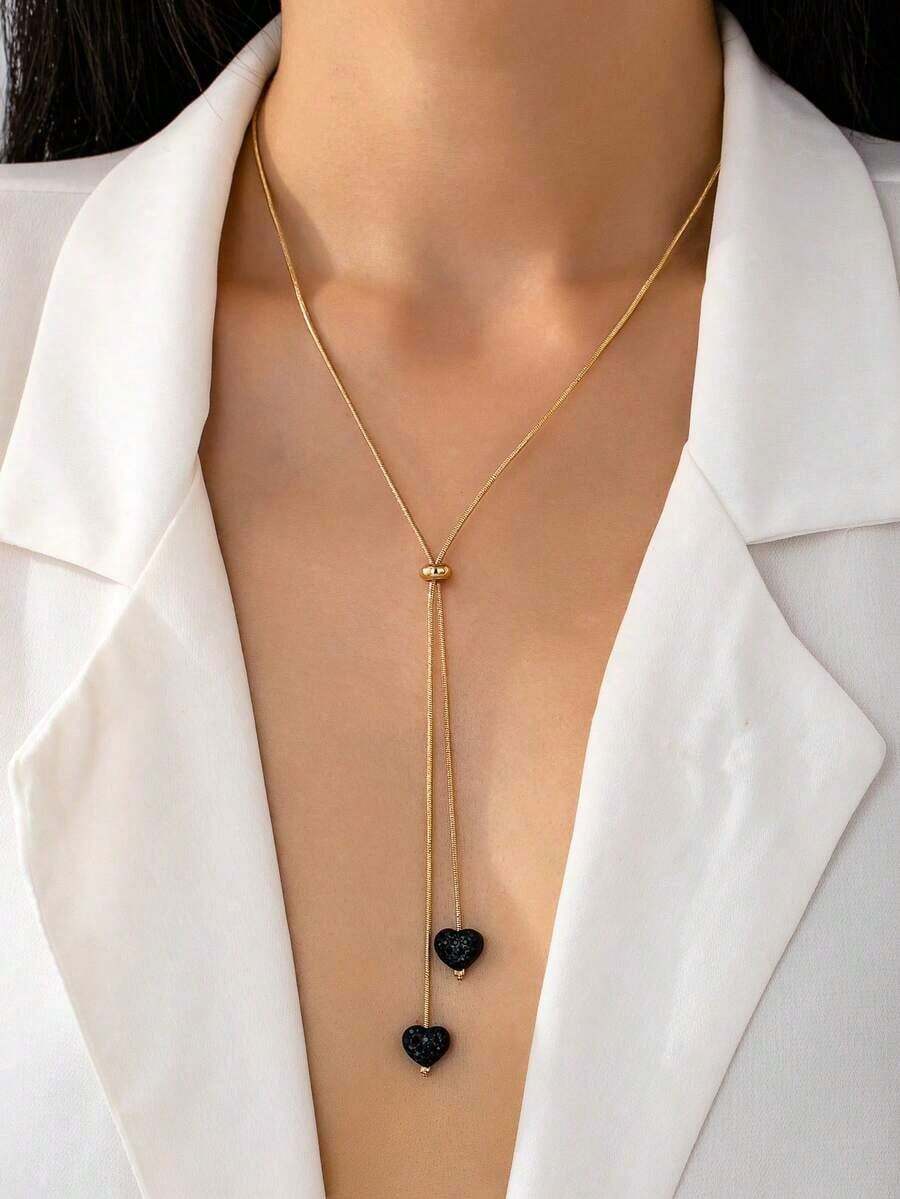 1pc Fashionable Heart Pendant Necklace, Everyday Wear Women, Valentine's Day - 黑色 - 查看 1