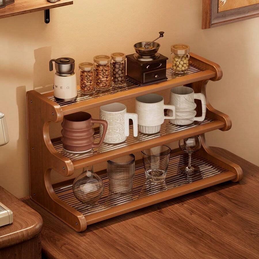 1pc Vintage-Style Multi-Tier Desktop Storage Rack, Large Capacity Cup Holder, Kitchen Spice Rack, Woven Rattan Panel, Quick Draining, Suitable For Kitchen, Dining Sideboard, Coffee Corner, Tea Station And Office Organization - Desktop Display Shelf - Rattan Style - View 1