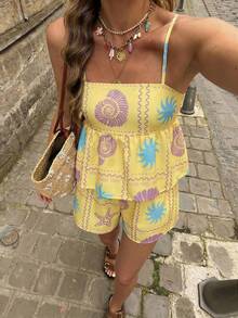 Conjunto de 2 peças com Regata de Alça Fina e Shorts com Estampa Floral Franzida, Conjunto Casual de Praia Elegante, Adequado para Dia dos Namorados, Praia, Passeios com Estampa de Poá - Luz amarela - Visão 3