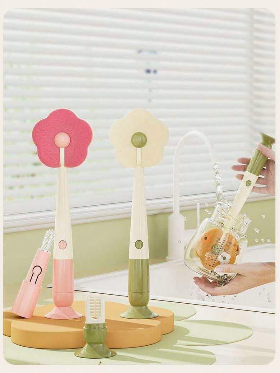 1pc Flower Shaped Long Handle Brush, Suction Cup Design Stable, Detachable And Replaceable Sponge Head With Multi-Hooks, Cleaning Without Residue, Effortless And Reliable, Suitable For Washing Cups, Coffee Cups, Stemware, Etc. - A - View 1