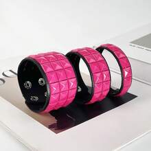 Women's Punk Pyramid Stud Leather Bracelet Adjustable Hot Pink Wide Cuff Bracelets Gothic Fashion Wristband Hand Jewelry Gift - Hai hàng - Xem 1