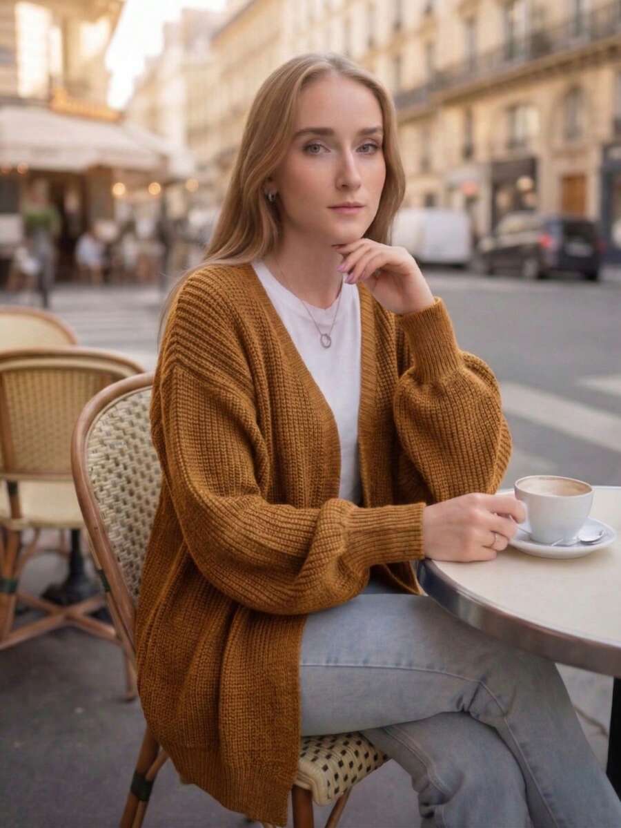 Women's Cardigan Jacket, Knitted, Puff Sleeve, Open, Winter Comfort - 鏽棕色 - 查看 1