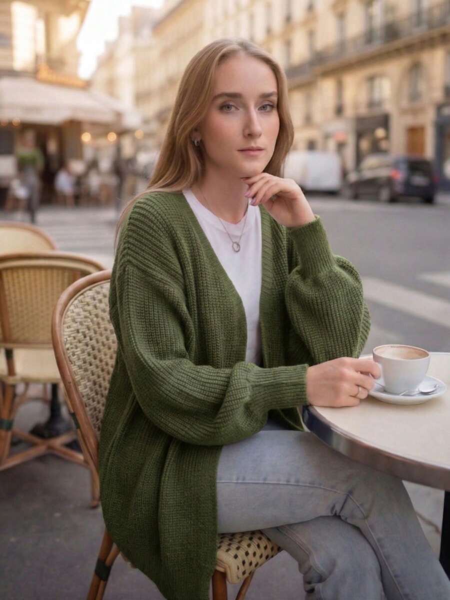 Women's Cardigan Jacket, Knitted, Puff Sleeve, Open, Winter Comfort - 綠色 - 查看 1