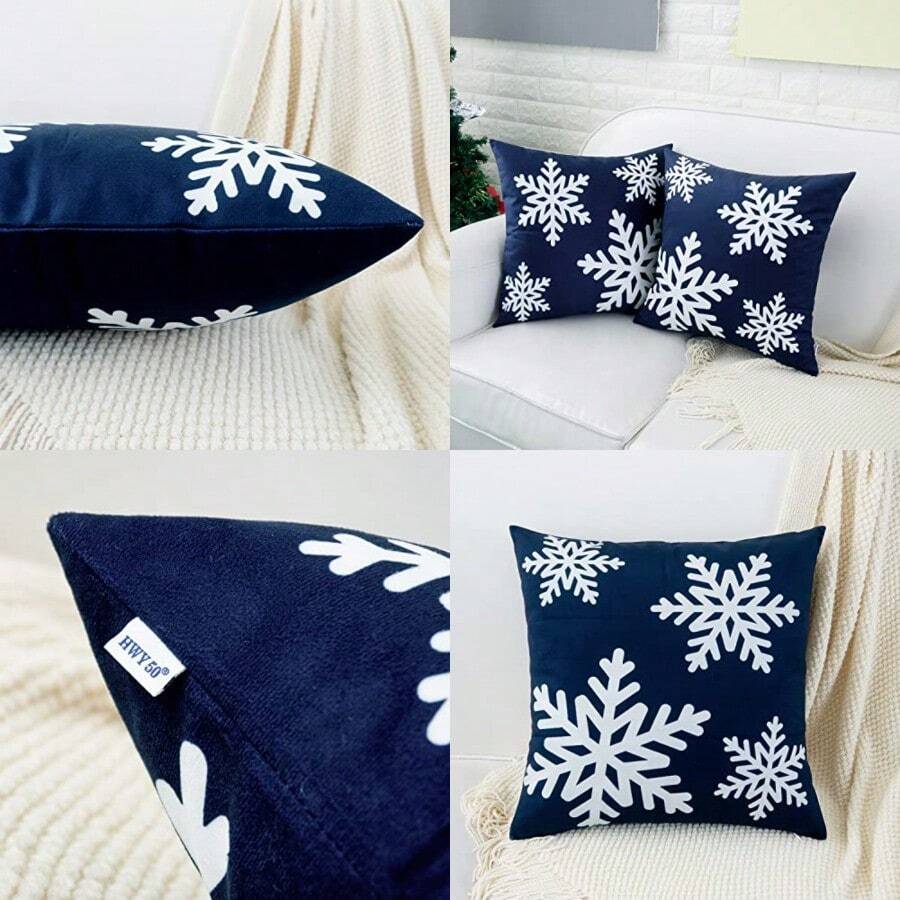 HWY 50 fundas de almohada decorativas de 16 x 16 pulgadas para sofá sala de estar cama fundas cojín cuadradas suaves con estampado Navidad paquete de 2 - Azul - Ver 1