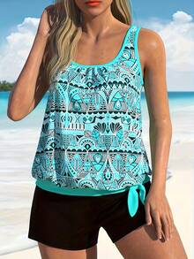 Plus Size Casual Elegant Sexy High Stretch  Print Tankini Set With Swim Shorts For Beach And Summer - Blue - View 3