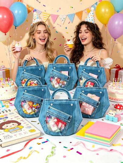 20 piezas/10 piezas/1 pieza Bolsas de fiesta con estilo de mezclilla, bolsas grandes de caramelos transparentes con cremallera y asa, bolsas reutilizables para aperitivos, joyas y almacenamiento de regalos, ideales para recuerdos de fiestas de cumpleaños, reuniones familiares, regalos festivos, organización del hogar y envoltura de regalos, excelentes para la temporada de cumpleaños y graduación