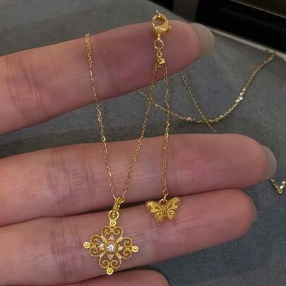 18K镀金复古镂空蝴蝶、四叶草、花朵装饰项链（女士款）