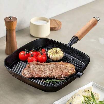 Cast Iron Non-Stick Frying Pan, Striped Interior With No Coating, Wooden Handle, Suitable For All Stoves, Evenly Heats, Naturally Non-Stick, Perfect For Home Breakfast, Frying Steak, Frying Eggs, Cooking Pan, Multifunctional Cookware For Fans Of Vintage-Style Kitchens