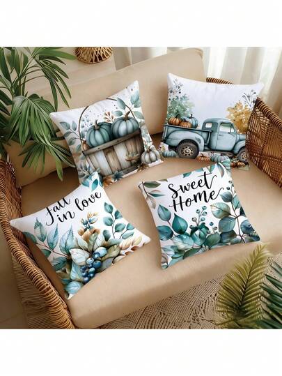 4pcs Set Nordic Style Fresh Green Plant Pillow Covers, Ins Style Living Room Sofa Cushion Covers, Bed Headboard Covers (Pillow Inserts Not Included)