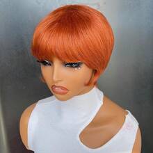 Ginger Color Human Hair Wigs Short  Pixie Cut Wig With Bangs Orange Ginger Color Full Machine Made Wig - 薑黃色和橙色 - 查看 2