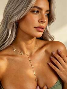 1pc 18K Gold Stainless Steel Jewelry, Tie Necklace, Delicate Pendant Name Necklace, Long Y-Shaped Necklace, Letter Necklace, Customizable Letter Necklace, Comes With Elegant Gift Box, Suitable For Daily Wear, Valentine's Day Gift, Gift For Family And Friends (Letters Will Be Automatically Converted To Uppercase) - Golden Y-chain - View 5