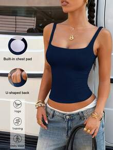 Áo tank top thể thao nữ Aoqta Sports mùa hè, màu trơn, không tay, hở lưng, có đệm ngực, dáng ôm, thích hợp cho yoga, chạy bộ, tập luyện và mặc hàng ngày. - Màu xanh hải quân - Xem 17