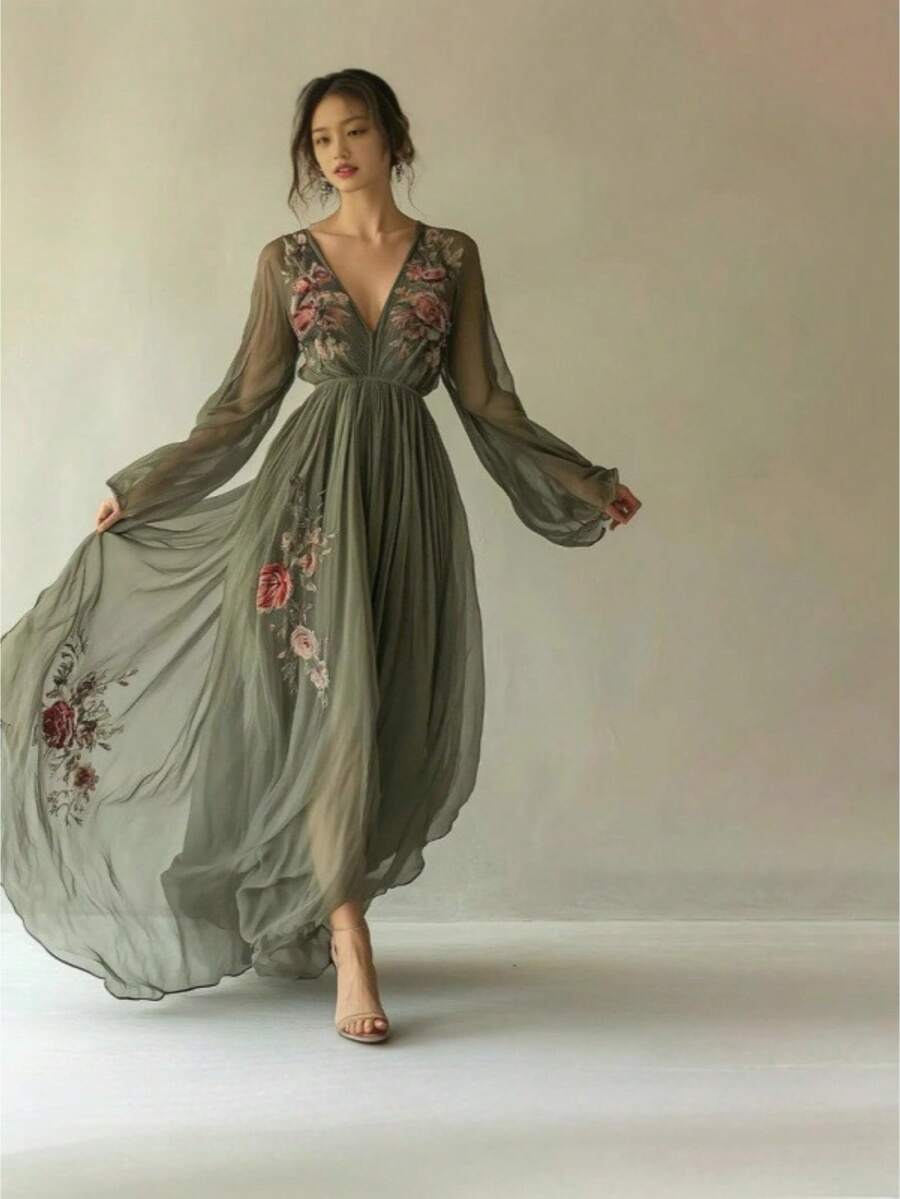 2026 European And American New Women's Fashionable Casual Printed Long Sleeved Dress V-Neck Party Dress - 綠色的 - 查看 1