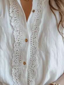 Summer Women's Lace Spliced Shirt, Machine Washable, Fresh And Sweet Everyday Blouse - trắng - Xem 2