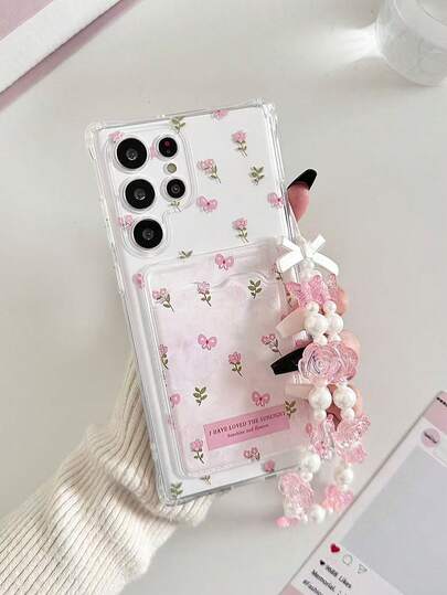 Ốp lưng điện thoại bằng silicon mềm mại, trong suốt, có ngăn đựng thẻ, họa tiết hoa, chống rơi vỡ, kèm vòng tay đính hạt trang trí.