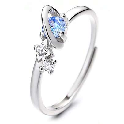 HuooNew 1 Pc 925 Sterling Silver Blue CZ Planet Star Open Ring, Dainty Sparkly Saturn Adjustable Cuff Ring, Hypoallergenic Celestial Silver Jewelry For Women, Perfect Gift For Her