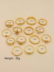 15pcs Gemstone & Rhinestone Decor Ring , A Combination Of Light Luxury And Sparkling Rhinestone Rings In Multiple Styles. Retro And Delicate Gemstone Stackable Rings, Perfect For Daily Wear, Commutes, Dates, Parties, And As Birthday Gifts For Girlfriends, Best Friends, Classmates, And Colleagues. Featuring Unique Design, High-End Vibe, And Personalized Style, These Pinky Finger And Tail Rings Are A Must-Have Accessory. - Gold - View 3