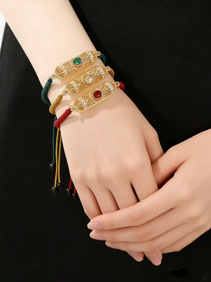 1pc Handmade Woven Arabic Style Bracelet, Hollow Rhinestone Inlaid, Drawstring Design Armband, Petite Vintage Design, Suitable For Moroccan Bride Wedding Party, Festival - Style 2 - View 1