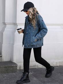 Mobula Sound#Plus Size Women's Spring/Summer Versatile Fashion Denim Jacket For Daily Wear, Travel, Stage, Concert, And Airport Casual - Fried Flower Dark Blue - View 1