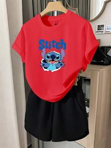 2pcs Tween Girl Disney Lilo & Stitch Ripped Creative Unisex Kids T-Shirt & Shorts Set, Cotton Breathable Summer Casual Versatile Short Sleeve Set, Children's Sporty Style Cartoon Print T-Shirt Set, Suitable For Daily Wear, Versatile And Not Stuffy, Ideal For Spring And Summer Wear, Vacations, Outdoor Activities, Amusement Park Outfits, And Can Also Be Used As Children's Gifts. - 彩色 - 查看 11