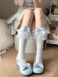 女士甜美日式棉质过膝袜，饰有洛丽塔花卉蕾丝和蓝色燕尾蝴蝶结，春夏款 - 彩色 - 查看 5