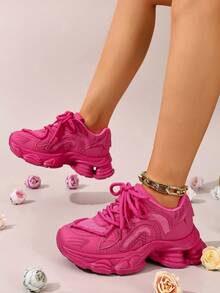 Women's Hot Pink Chunky Platform Dad Sneakers, Casual Sporty Height Increasing Shoes - Đỏ - Xem 12