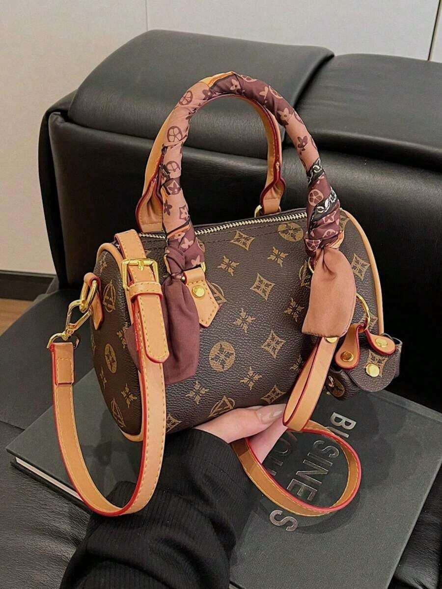 Random Color & Pattern Fashion Scarf Decor Elegant Handbag, Minimalist Retro Style Shoulder Tote Bag